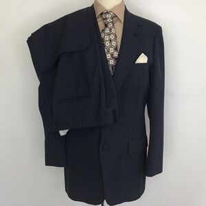 Rue Royal Nino Cerruti Blue Pinstripe 2 button notch collar VTG suit 40R 36” wai